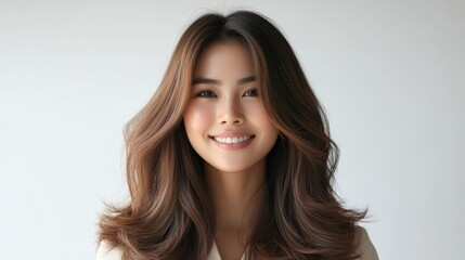 Fototapeta premium Thai Woman with Softly Layered Long Hair Smiling at Camera