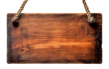 Vintage weathered wooden signboard hanging with rope for announcements and communication against a white or transparent background, wooden signboard png image