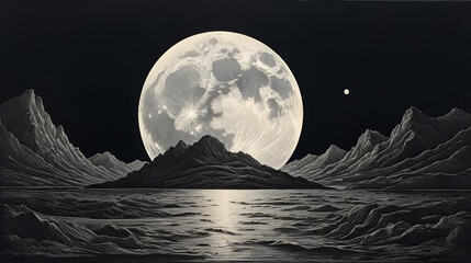 Print of a full moon, mixed lithography and classic engraving (Mezzotint dark to light) techniques