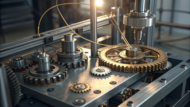 Precise metallic gears interlock, a robotic arm delicately positions a component, creating an intricate machinery scene with warm lighting illuminating the process.