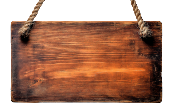 Vintage weathered wooden signboard hanging with rope for announcements and communication against a white or transparent background, wooden signboard png image