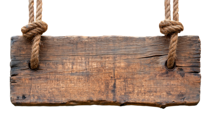 Rustic wooden signboard hanging by rope against a white or transparent background, wooden signboard png image