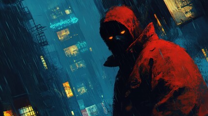 Gloomy figure in red raincoat, rainy cyberpunk city alley