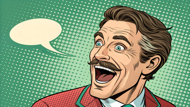 Retro Comic Book Style Happy Man with Speech Bubble for Customizable Text
 - Powered by Adobe