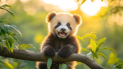 Obraz premium Adorable Baby Panda Cub in Golden Sunlight Wildlife Photography
