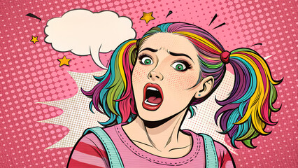Surprised Pop Art Girl with Rainbow Hair and Speech Bubble in Retro Comic Style


