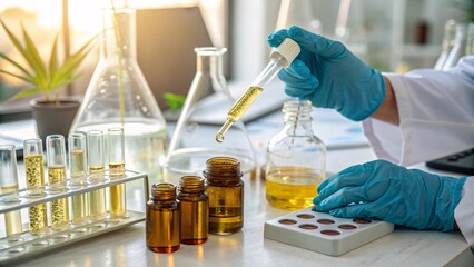 Precisely transferring golden liquid, a scientist in blue gloves meticulously adds a sample to test tubes, conducting essential research in a modern lab setting.