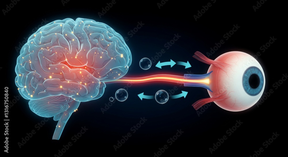 Poster illustration of brain-eye connection showing neural signals and communication.