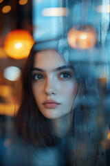 A young woman gazing through a window with city lights reflecting on the glass, creating a dreamy and contemplative atmosphere

