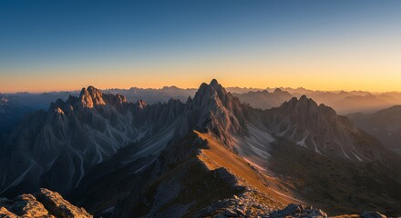Naklejka premium Majestic Mountain Peaks at Sunrise with Clear Sky Landscape Scenery