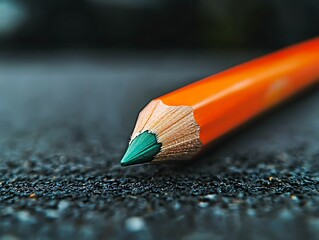 Close-up orange pencil, green tip, dark surface