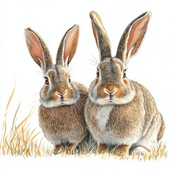 Obraz premium Two adorable rabbits sitting together on grass, hand drawn watercolor style Hand-drawn kawaii bunnies illustrated, Cute bunny Isolated design on white background