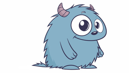 Cute Blue Furry Monster with Big Eyes and Tiny Horns in Cartoon Fantasy Illustration

