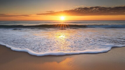 Fototapeta premium Golden Sunset over the Ocean: Peaceful Beach Scene at Dawn
