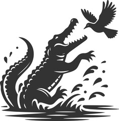 Crocodile jumping out of the water to grab a bird vector silhouette