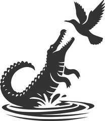 Crocodile jumping out of the water to grab a bird vector silhouette