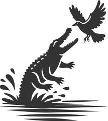 Crocodile jumping out of the water to grab a bird vector silhouette