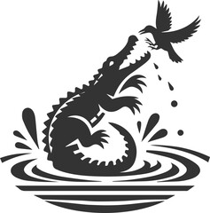 Crocodile jumping out of the water to grab a bird vector silhouette