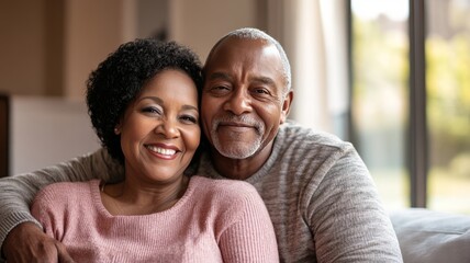 A couple in their 60s of African descent sharing a warm and affectionate moment.