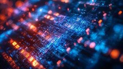 Obraz premium Detail of fragmented blue holographic projection with miniature technicians