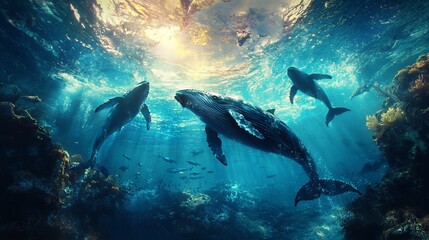 Naklejka premium Majestic whales swim in vibrant coral reef, sunlit ocean