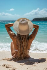 A woman with long hair is sitting on the beach wearing a straw hat