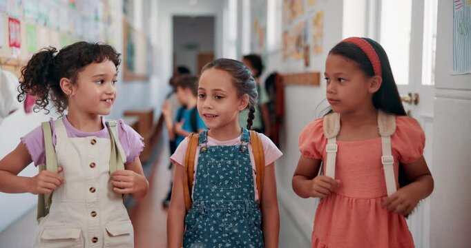 Education, youth and walking with friends at school for recess, growth and learning. Students, knowledge and child development with group of kids in hallway of academy for scholarship and support