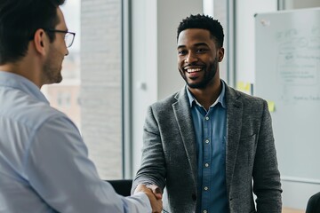 Professional Business Handshake Between a Woman in a Black Suit and a Man in a White Shirt, Sealing a Successful Agreement in a Corporate Office Environment