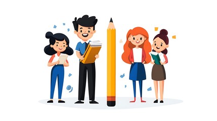 Joyful Students and Giant Pencil: A Vibrant Illustration of Education AI Generated