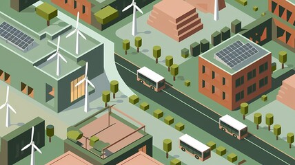 Minimalist 2D flat design of a futuristic eco-city with solar panels, wind turbines, and electric buses