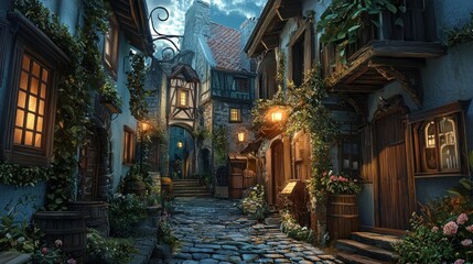Fototapeta premium Enchanted Medieval Street at Dusk: A Digital Painting of a quaint cobblestone street lined with charming, vine-covered buildings, glowing with warm lamplight, creating a magical, serene atmosphere.
