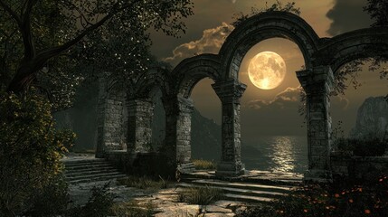 Obraz premium Enchanted Moonlit Ruins: A Serene Night by the Sea
