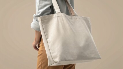 Sustainable fashion line concept, A person holding a large tote bag against a neutral background.
