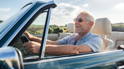 Happy senior man driving classic convertible car on a sunny day, enjoying freedom and road trip