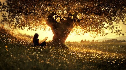 Golden Hour Serenity: Girl Reading Under Majestic Tree