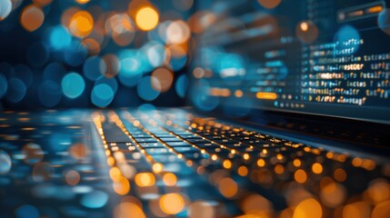 Fototapeta premium Close-up of a vibrant laptop keyboard with soft bokeh lights, perfect for technology and digital themes.