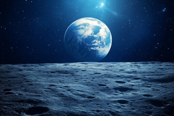 Obraz premium Earth Seen from the Moon. View of Earth from the moon's surface. Ideal for space science themes or astronomical events.