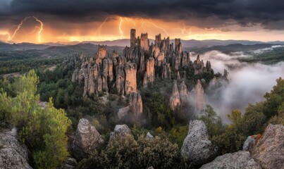 Fototapeta premium Stormy sunset over ancient stone castle ruins in a misty valley, fantasy landscape
