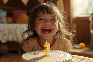 happy child celebrate birthday with cake at home