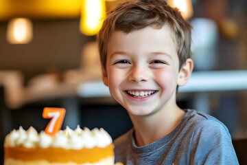 happy child celebrate birthday with cake at home