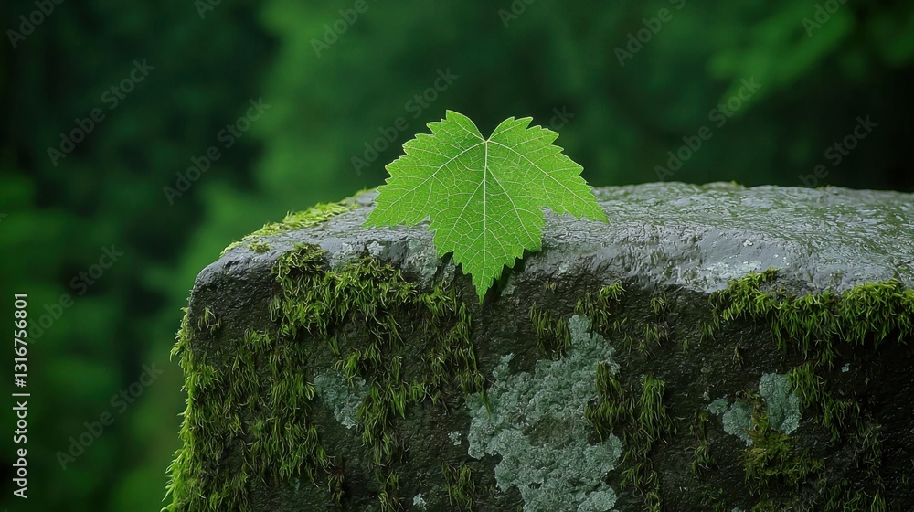 Poster a single leaf resting on a smooth rock surrounded by nature representing growth mindset and resilien