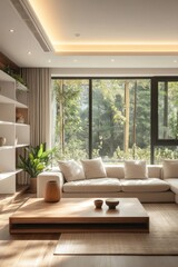 Fototapeta premium Modern living room with large window, beige sofa, wooden coffee table, and natural light.