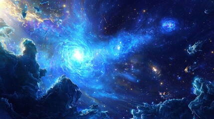 Obraz premium Cosmic Nebula: A Celestial Tapestry of Blues and Golds