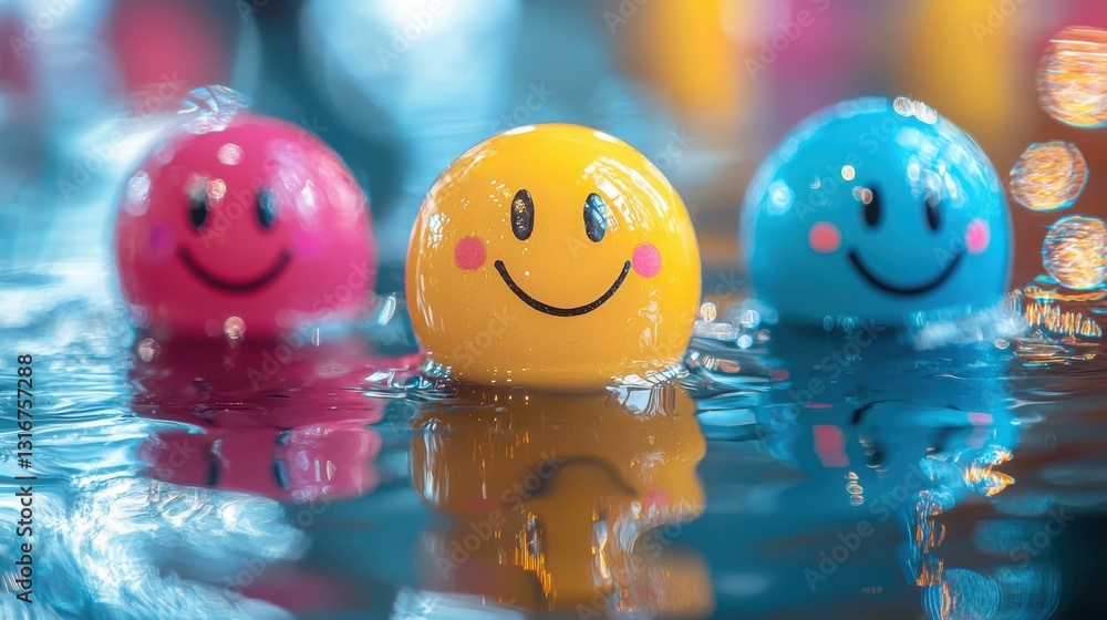 Poster joyful smiley face floating in a clear blue pool water representing fun and happiness in a relaxing 