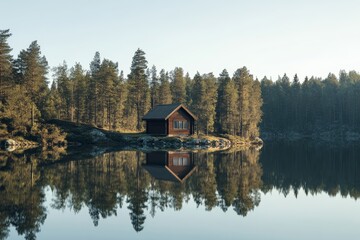 Obraz premium secluded cabin by a tranquil lake, reflecting the surrounding forest and sky, scenic landscape