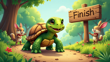 Obraz premium Turtle Reaching Finish Line, Cheering Animals, Victory