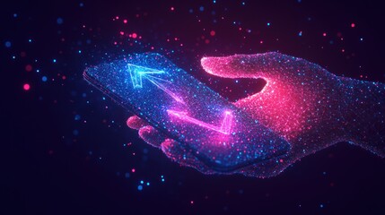 Hand holding smartphone with data transfer, glowing particles in dark background