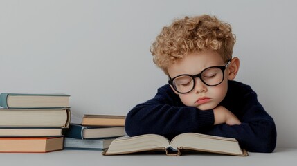 A kid boy resting his head on stack of books overall mood of concentration and focus