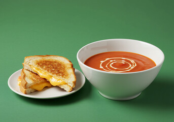 Grilled Cheese Sandwich and Tomato Soup on Green Background