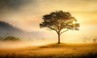 Sunrise over misty field, lone tree silhouette. Peaceful nature scene, ideal for calm backgrounds